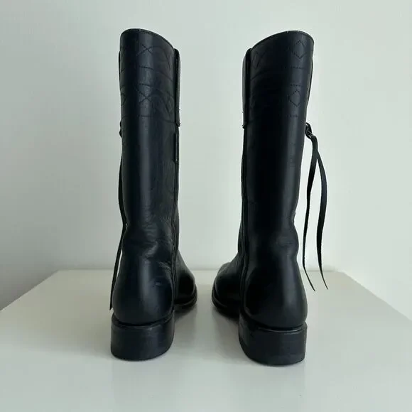 German Botas Leather Boots Size 25 Black Braided Fringe Riding Marching Stitch